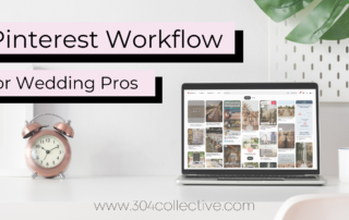 pinterest workflow for video pros text beside a laptop open to pinterest on a white desk